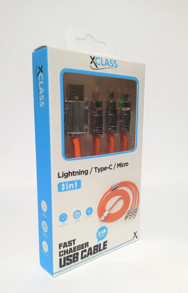XClass K302 3 IN 1 Üçü Birarada Led Işıklı 5V /3,4A Hızlı Şarj ve Data Kablosu ürün görseli 1