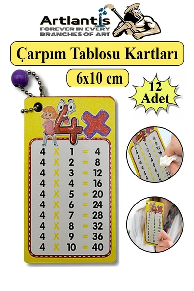 Zincirli Çarpım Tablosu 12 Adet 6x10 cm Cep Zircirli Çarpım Tablosu Yaz Sil Özellikli Karne Hediyesi Çarpım Kartları ürün görseli 1