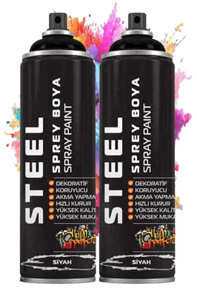 Siyah Sprey Boya 200 ml 2 Adet Hızlı Kuruyan Profesyonel Ahşap Plastik Demir Metal Cam Porselen Duvar Renkli ürün görseli 1