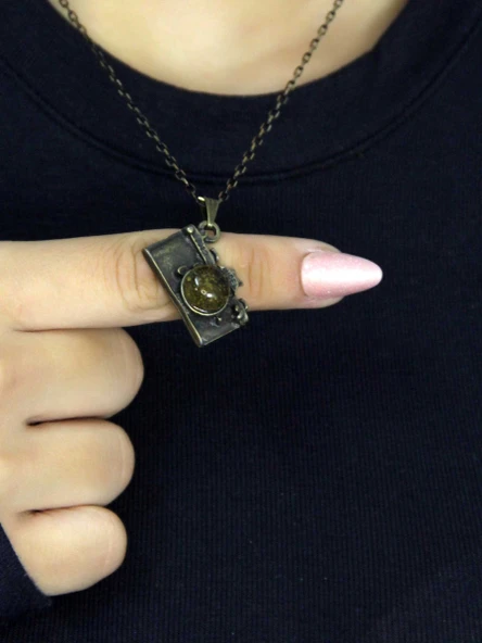 Doğal Taş Sitrin Doğal Taşlı Fotograf Makinesi Modelli Antik Kadın Kolye euk42s ürün görseli 1