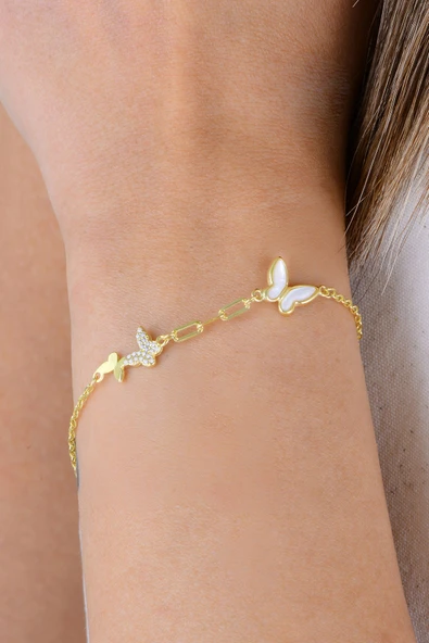 Gümüş altın yaldızlı sedef ve zirkon taşlı ışıltılı kelebek bileklik SGTL12926GOLD ürün görseli 1