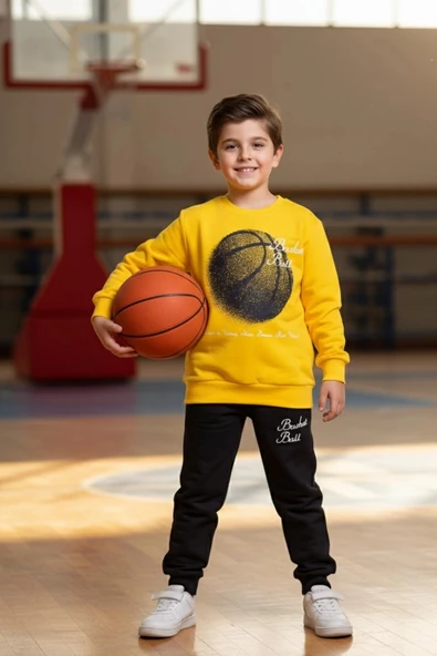 Basketball Yazı Desenli Sarı Renk Erkek Çocuk Eşofman Takımı ürün görseli 1