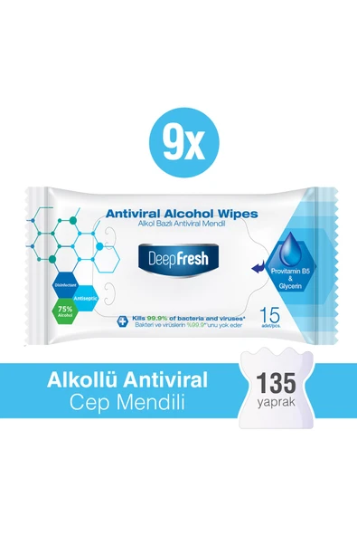 Alkollü Antiviral Islak Cep Mendili 9 x 15 Yaprak ürün görseli 1