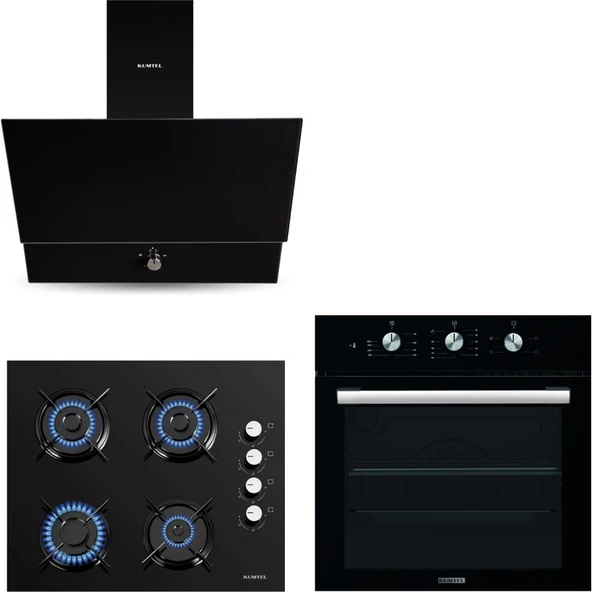 Kumtel Kristal Siyah Cam Ankastre Set (DA6-830 Davlumbaz + KO-40 TAHDF Ocak + B66 - SF2 Fırın) ürün görseli 1