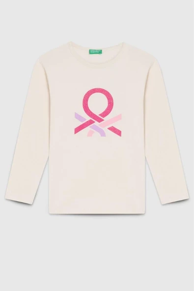 United Colors of Benetton Kız Çocuk BNT-G23331 Uzun Kollu Tshirt Ekru ürün görseli 1