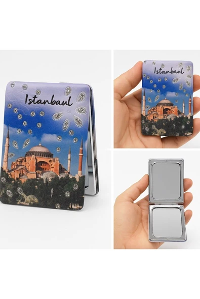 Anılarla Dolu İstanbul Hatırası Işıltılı Taşlı Cami Temalı Katlanabilir Mini Makyaj Cep Aynası ürün görseli 1