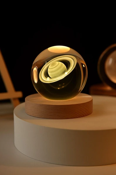 Ledli USB'li Ahşap Standlı Satürn Küre Temalı Kristal Küre Gün Işığı 3D Oda Masa ve Gece Lambası ürün görseli 1
