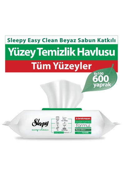 SLEEPY Sleepy Easy Clean Beyaz Sabun Katkılı Yüzey Temizlik Havlusu&Mendili 6x100 (600 Yaprak) ürün görseli 1