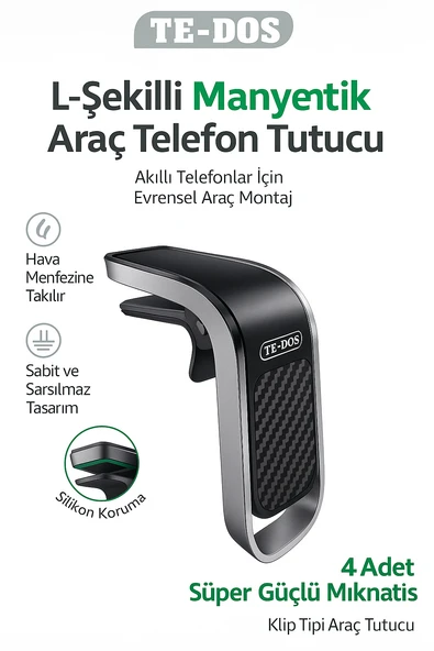 TD-H7513 L Şekilli Manyetik Araç Telefon Tutucu Güçlü Mıknatıs Hava Menfezine Takılır ürün görseli 1