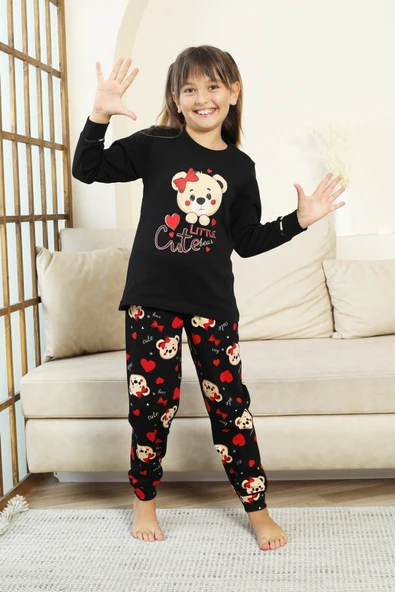 Kız Çocuk Ayıcık Baskılı %100 Pamuk İnterlok Kumaş Pijama Takımı 12347 ürün görseli 1