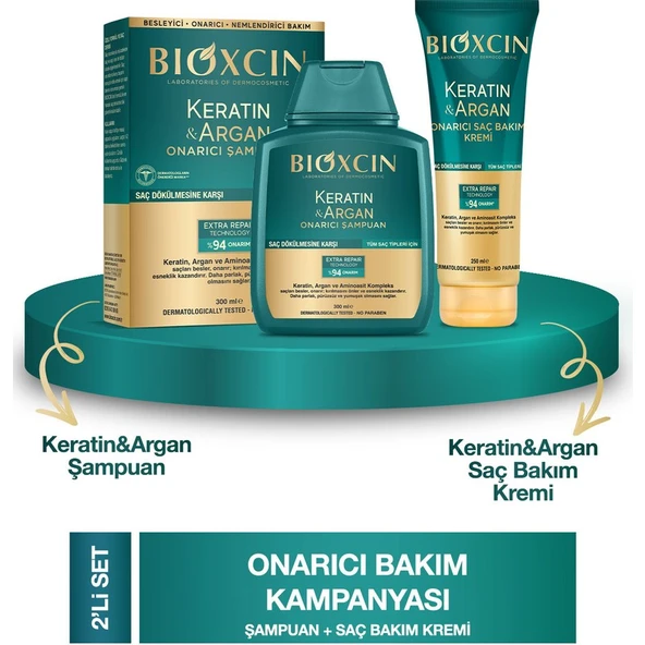 Bioxcin Keratin & Argan Onarıcı Şampuan 300ML + Bioxcin Kertin Argan Saç Bakım Kremi ürün görseli 1