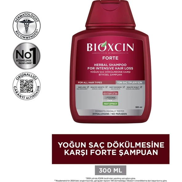 Bioxcin Forte Yoğun Bakım Şampuanı - Saç Dökülmesine Karşı Etkili, Tüm Saç Tiplerine Uygun, 300 ml, Bitkisel Formül, Paraben İçermez - Resim 2