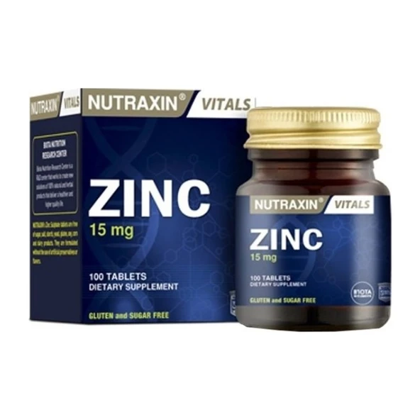 Nutraxin 100 Tablet Çinko Takviyesi - 15 mg, Gluten ve Şeker İçermez, Türkiye Menşeli ürün görseli 1