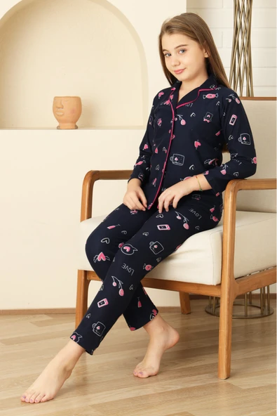 Kız Çocuk Pat Yakalı-Baskılı ve Düğme Kapamalı-%100 Pamuk Pijama Takımı 12352 ürün görseli 1