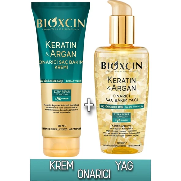 Bioxcin Keratin & Argan Onarıcı Saç Bakım Kremi 250 ml + Keratin & Argan Onarıcı Saç Bakım Yağı 150 ml ürün görseli 1