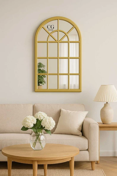 CG HOME Pencere Model, Ayna, Duvar Aynası, Salon Aynası, Dressuar Aynası, Ahşap Lake Boyalı Gold ürün görseli 1