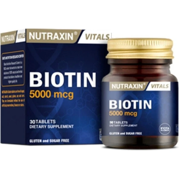 Nutraxin Biotin 5000 Mcg - 30 Tablet, Gluten ve Şeker İçermeyen Takviye Edici Gıda, Türkiye Menşeli ürün görseli 1