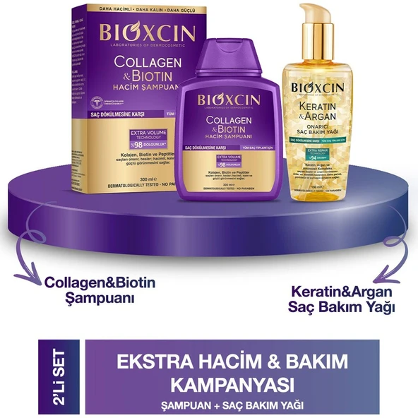 Bioxcin Collagen & Biotin Hacim Şampuanı 300ML + Bioxcin Kertin Argan Saç Bakım Yağı ürün görseli 1