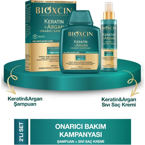Bioxcin Keratin & Argan Onarıcı Şampuan 300ML + Bioxcin Kertin Argan Sıvı Saç Bakım Kremi ürün görseli 1