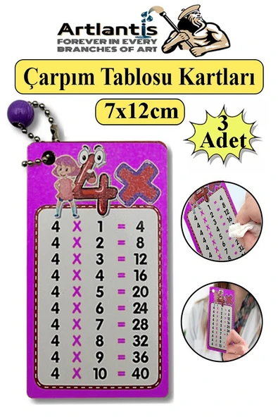Zincirli Çarpım Tablosu 3 Adet 7x12 cm Büyük Cep Zircirli Çarpım Tablosu Yaz Sil Özellikli Çarpım Tablosu Kartları Karne ürün görseli 1