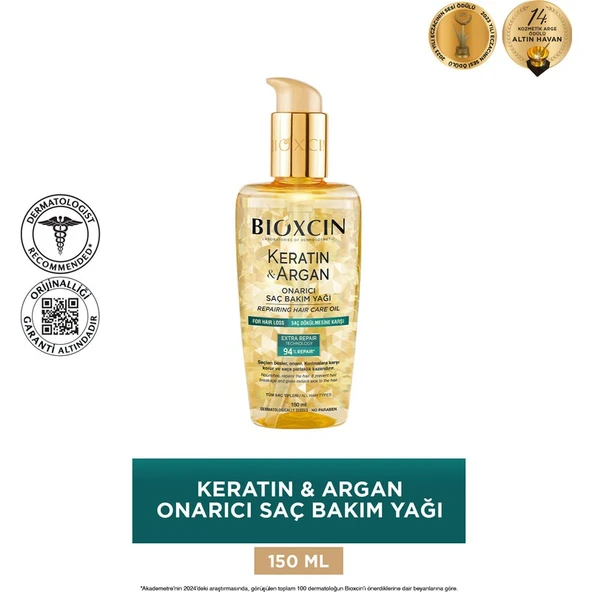 Bioxcin Keratin & Argan Onarıcı Saç Bakım Yağı 150 ml - Yıpranmış ve Hasar Görmüş Saçlar ürün görseli 1