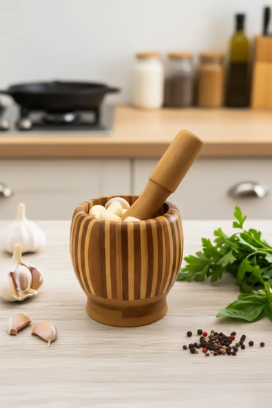 Porsima Pbt-409 Doğal Bambu Havan - Sarımsak Döveceği Ahşap Sarımsak Ezici Havan Döveç ürün görseli 1