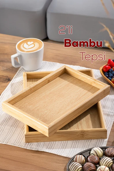 Porsima Pbt-362 Ahşap Tepsi 2li Set Çay Kahve Bambu Sunumu Tepsi Seti ürün görseli 1