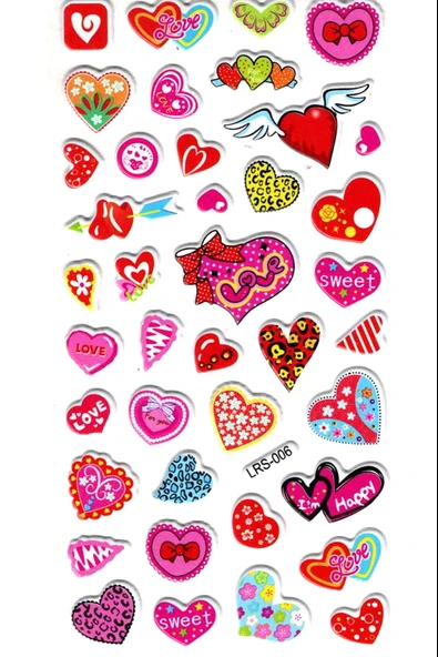 Sticker Kabartmalı Stiker Çıkartma Etiket (LRS006)-18x9 cm- Desenli Çılgın Kalpler ürün görseli 1