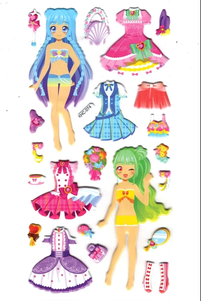 Sticker Kabartmalı Stiker Çıkartma Etiket (XHC074)-18x9 cm- Renkli Kız Giydirme ürün görseli 1