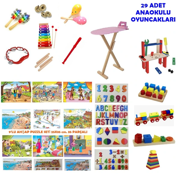 29 Adet Ahşap Anaokulu Montessori Eğitici Kavram Oyuncakları Seti ürün görseli 1