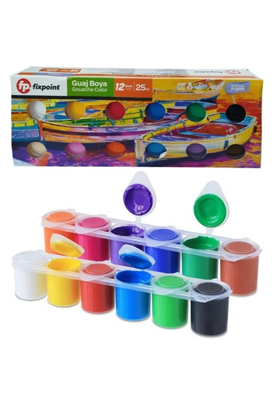 Guaj Boya 12 Renk 25ml 1 Paket Fixpoint Guajboya Seti 12 li Su Bazlı Şişe Canlı Renkler Resim Okul ürün görseli 1