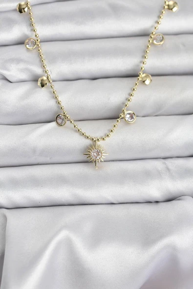 Zirkon Taşlı Kutup Yıldızı Model Pirinç Gold Renk Kadın Kolye - TJ-BKO10648 ürün görseli 1