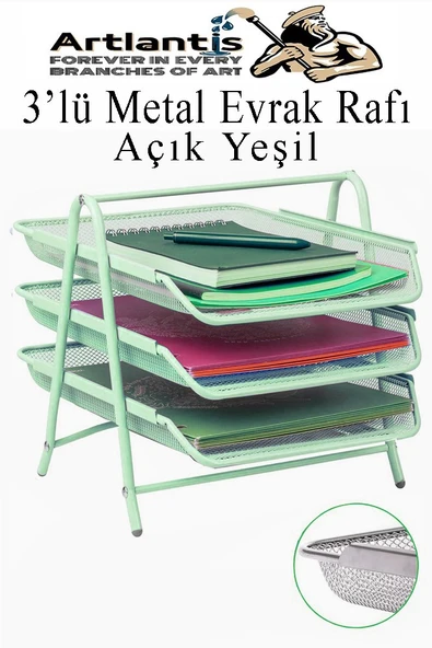 Evrak Rafı Metal 3 lü Yeşil 1 Paket Masaüstü A4 Dosya Düzenleyici Kağıt Tepsisi Metal Çelik Fileli Üç Katlı Hareketli ürün görseli 1