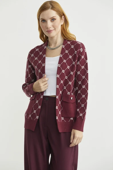Logolu Cep Detaylı Oversize Triko Hırka - Bordo ürün görseli 1