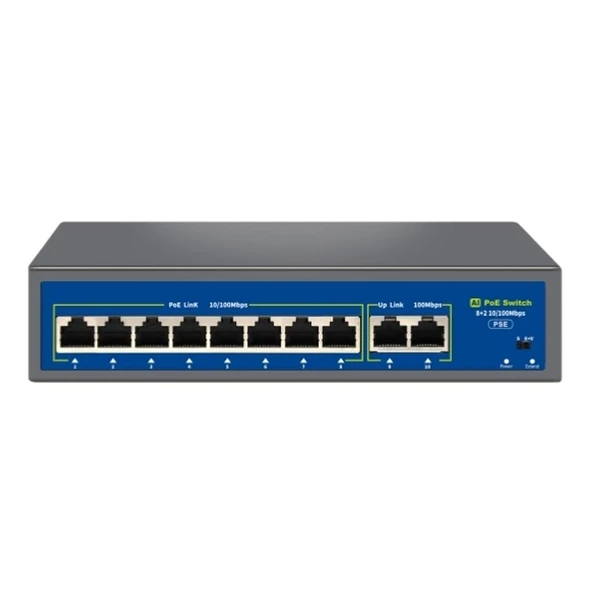 Novacom NVC-HIF0820FBL-C 8+2 Port 120W 10/100Mbps Poe Switch 250M Extend Modlu ürün görseli 1