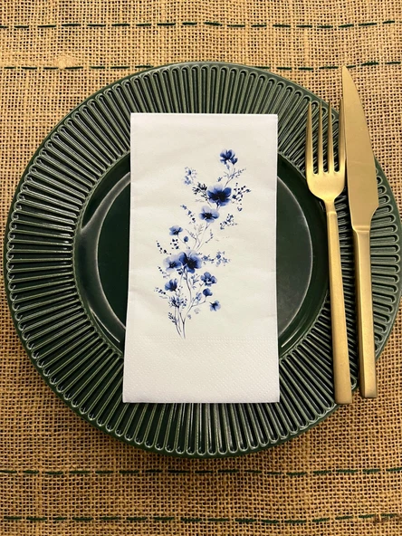 Mavi Çiçekler (Blue Flowers) Baskılı Sunum Peçetesi Beyaz 16 Adet ürün görseli 1