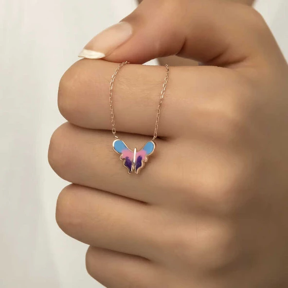 Gümüş Rose Minimal Kelebek Bayan Kolye - Resim 6