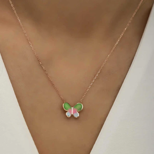 Gümüş Rose Minimal Kelebek Bayan Kolye - Resim 3