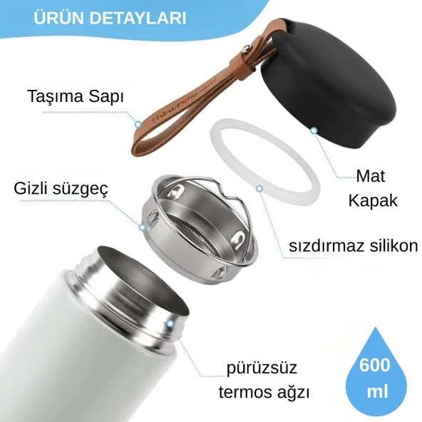 600 ml Paslanmaz Çelik Termos, Çift Katmanlı, Sızdırmaz Kapaklı - Resim 4