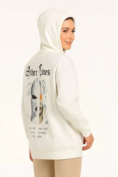 Kapşonlu Sweatshirt – Oversize Üç İplik Şardonlu Hoodie, “Other Lives” Ön - Arka Baskılı, Kanguru Cepli, Kışlık Rahat Günlük Stil - Beyaz ürün görseli 1
