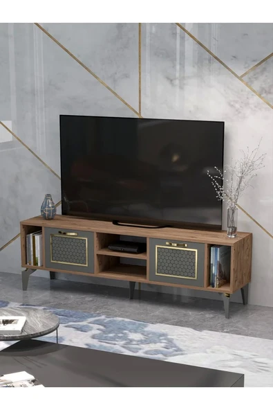 Tv Sehpası Tv Ünitesi Atlantik Çam Antrasit Gold 160 Cm Linya 5040 ürün görseli 1