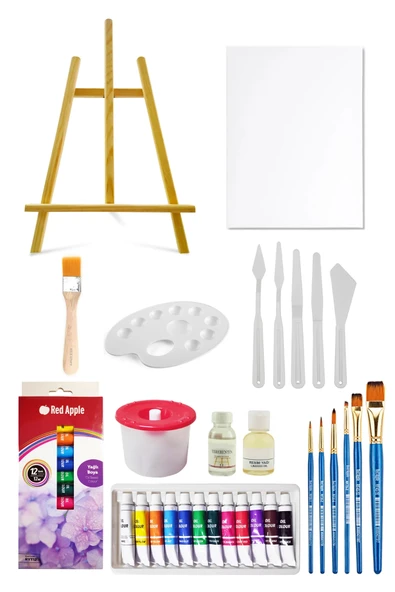 Mini Şövale Seti Tüp Yağlı Boya Seti 12'li Plastik Spatula Seti 25x35 Tuval Seti ürün görseli 1