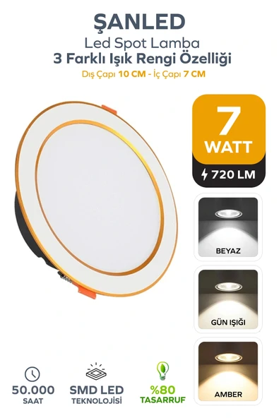 7W 3 Renkli (Beyaz,Gün Işığı,ikisi Bir Arada) Beyaz Gold Led Spot Lamba -1 Adettir ürün görseli 1