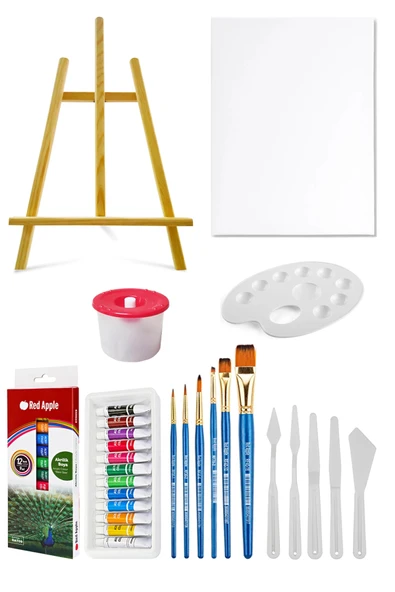 Masaüstü Şövale Akrilik Boya Seti 9 ml 12'li Tuval Seti 35x50 Plastik Spatula Seti ürün görseli 1