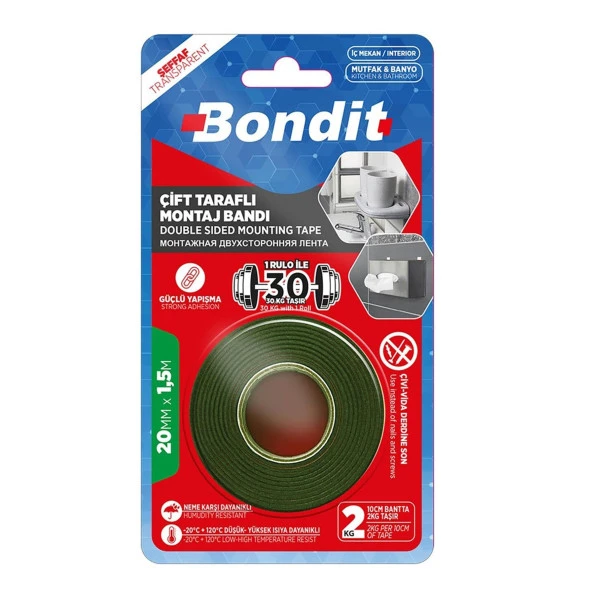 Bondit Çift Taraflı Montaj Bandı 20 mm x 1.5 Metre (BNMD2015) ürün görseli 1