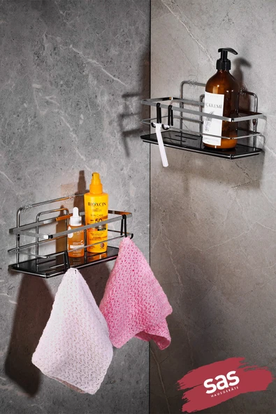 2’li Yapışkanlı Ayarlanabilir Banyo Rafı – Paslanmaz Metal Kristal Şampuanlık, (Yapıştır/Vidala) Krom-Siyah - LŞ-01 -KS ürün görseli 1