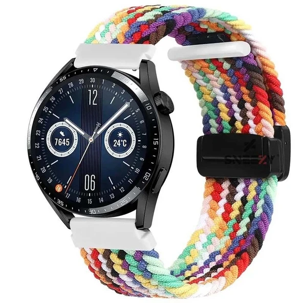 Sneezy Huawei Watch GT 3 Elegant Active 42mm Uyumlu 20mm FiberLink Manyetik Tokalı Kumaş Örgü Kordon  Gökkuşağı ürün görseli 1