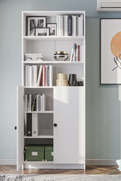 Bili Kitaplık 5 Raflı 2 Kapaklı Çok Amaçlı Ofis Salon Kitap Dosya Rafı Beyaz ürün görseli 1