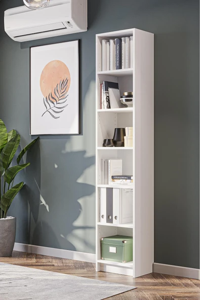 Bili Kitaplık 5 Raflı Dar Çok Amaçlı Ofis Salon Kitap Dosya Rafı Beyaz ürün görseli 1