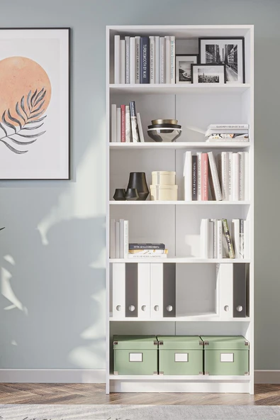 Bili Kitaplık 5 Raflı Geniş Çok Amaçlı Ofis Salon Kitap Dosya Rafı Beyaz ürün görseli 1